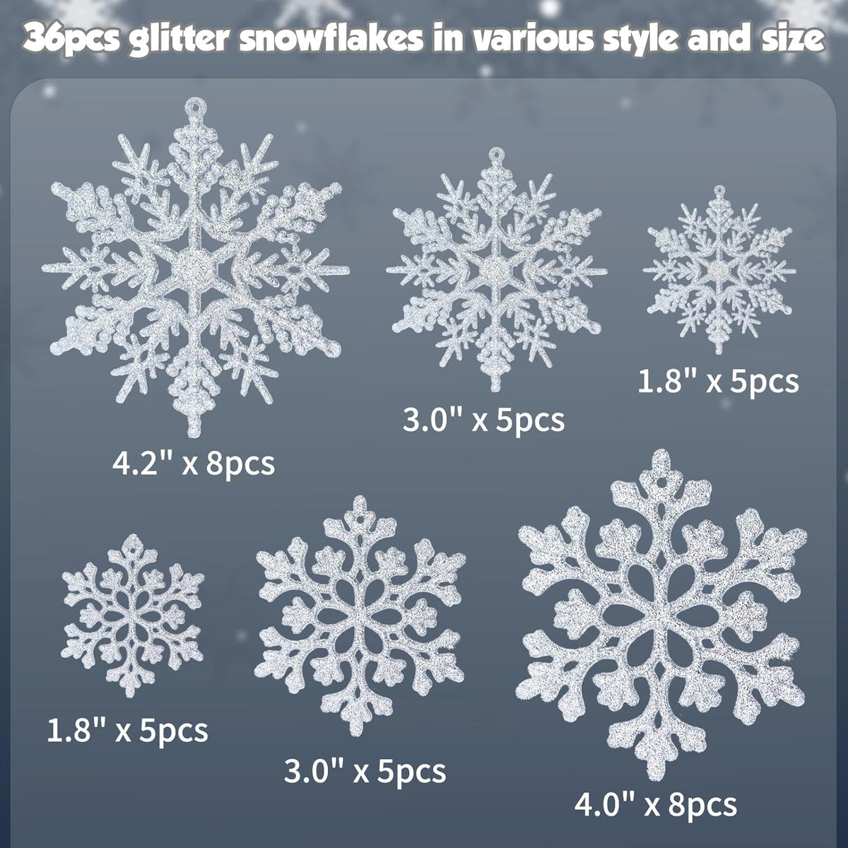 36pcs Christmas Silver Snowflake Ornaments Plastic Glitter Snow Flakes Ornaments for Winter Christmas Tree Decorations Size Varies Craft Snowflakes