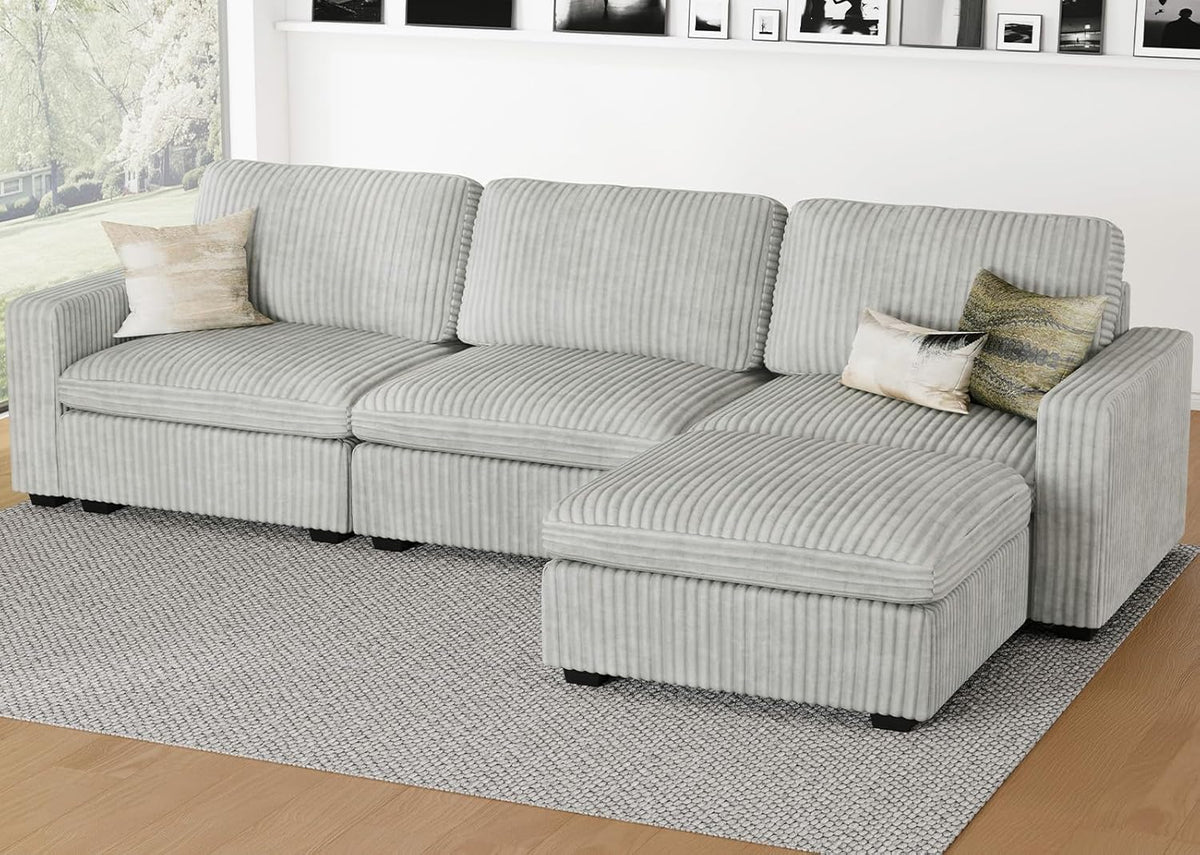 Belffin Modular Sectional Sofa with Storage Ottoman, Oversized Cloud Couch Sectional with Extra Deep Seat, Convertible L Shaped 4 Seater Sectional Couches for Living Room, Plush Corduroy Light Grey