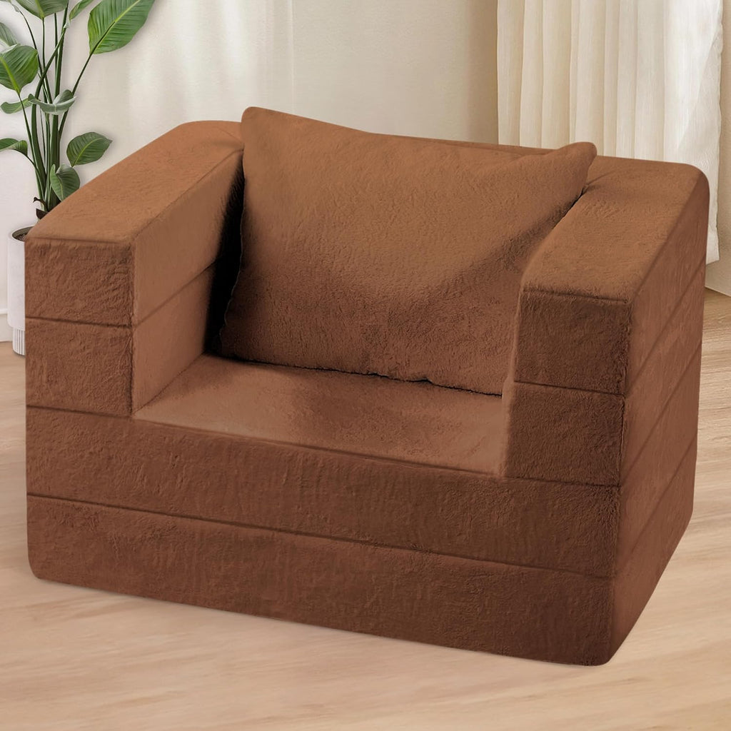 Folding Bean Bag Chair for Adults,3-in-1 Bean Bag Couch Faux Fur Floor Sofa Large Beanbag Convertible Bean Bag Sofa Bed with Pillow in Bedroom,Living Room,Apartment(Twin,Caramel)
