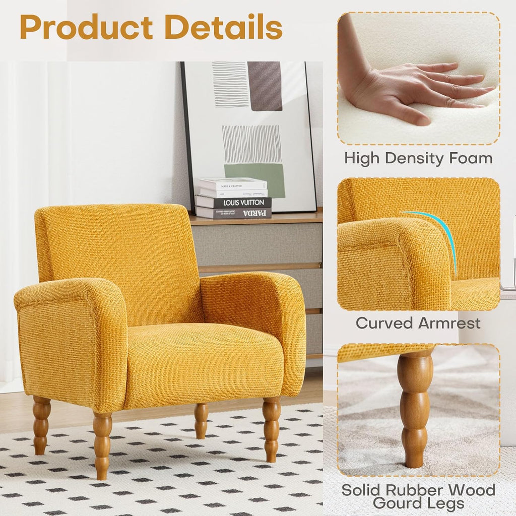 Chenille Fabric Accent Chair, Upholstered Armchair with Solid Wood Legs, Modern Living Room Accent Chair, Comfy Single Sofa Chair Reading Club Chair for Bedroom Reception Lounge, Yellow