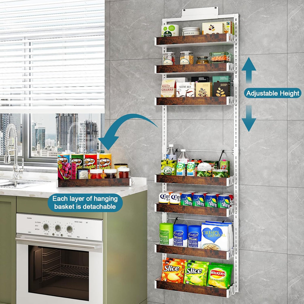 bukfen Over the Door Pantry Organizer, 8-Tier Adjustable Wooden Basket Kitchen Pantry Door Organization and Storage, 2 in 1 Wall Mount or Hanging Heavy-Duty Metal Hanging Kitchen Spice Rack,White