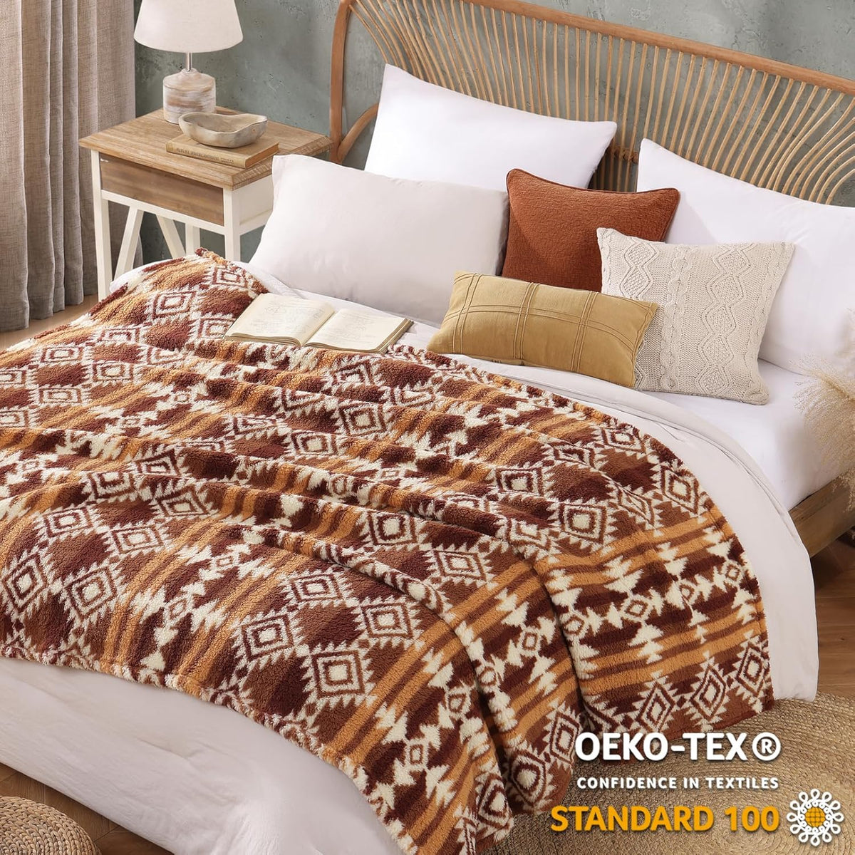 CASAAGUSTO Boho Sherpa Throw Blanket, Aztec, Ultra Soft, Warm, Cozy, Plush, Thick Fleece Bohemian Throw Blanket for Couch, Bed, Sofa (Terracotta 50 * 60 Inch)