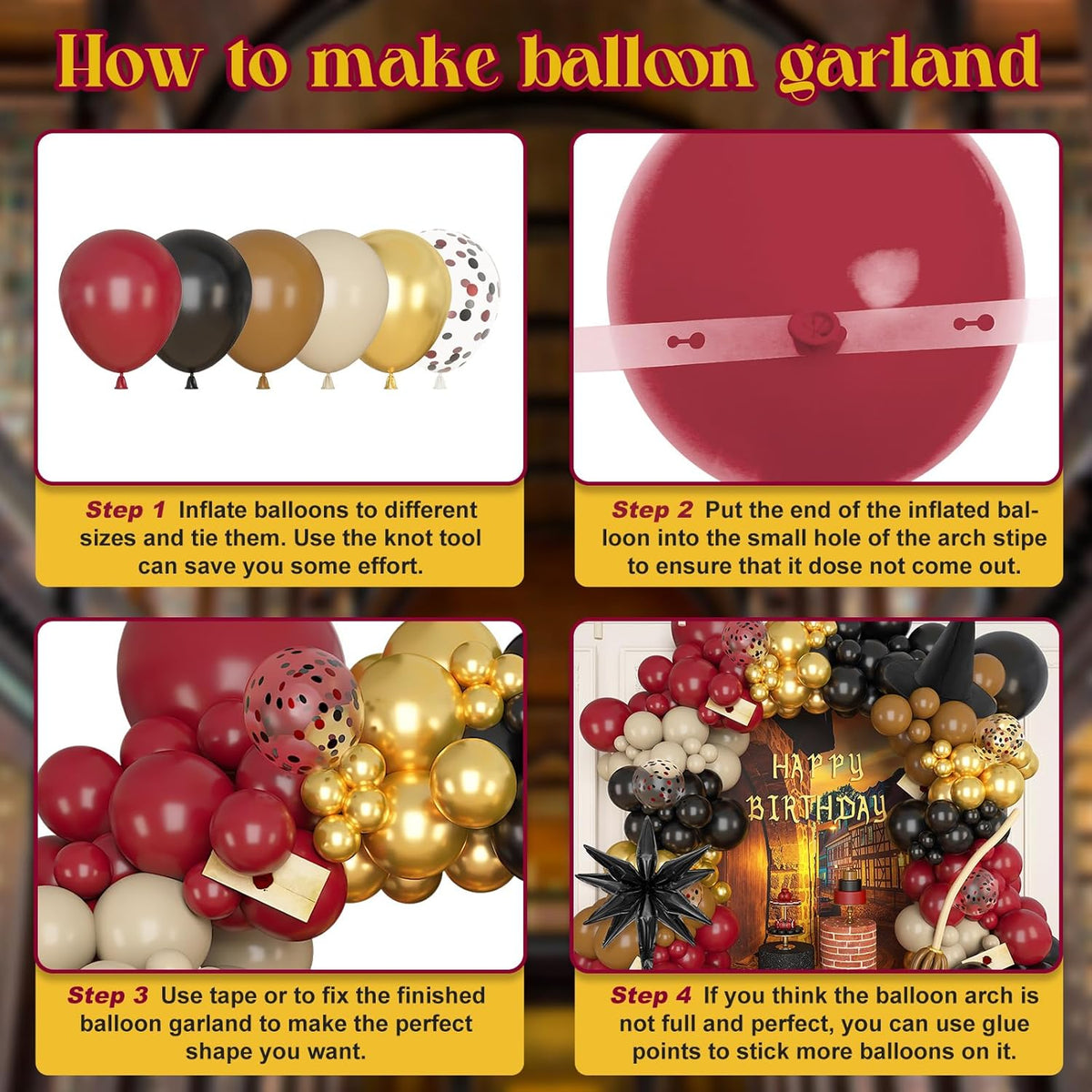 Amandir Magical School Balloons Arch Garland Kit, Maroon Burgundy Black Gold Confetti Balloons with Witch Hat Foil Star Balloon for Magic Themed Birthday Decorations Baby Shower Party Supplies