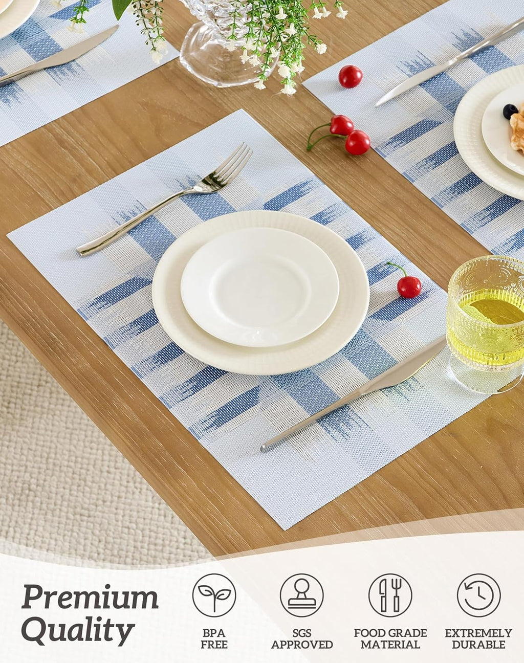 Leetaltree Geometric Print Blue Placemats Set of 8 - Heat Resistant Non-Slip Place mats for Dining Table, Washable Durable PVC Vinyl Woven Table Mats (Geometric Blue, 8)