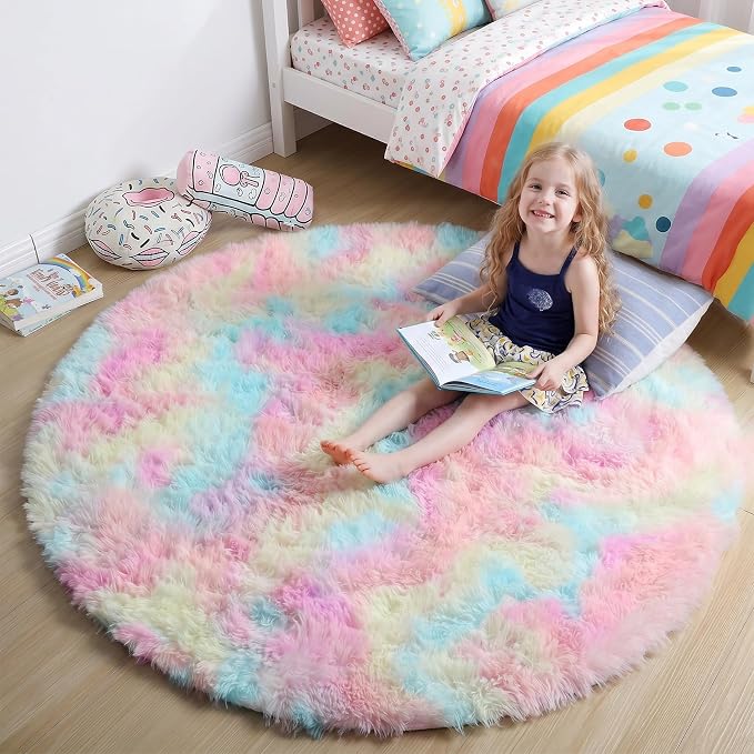 Amdrebio Rainbow Unicorn Pastel Circle Round Rug 4Ft by Amdrebio