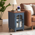 Narrow Side Table,Farmhouse Nightstand with Charging Station,Wood End Table with Glass Barn Door Storage, Cabinet Organizer with Adjustable Shelf, Night Stand for Small Spaces for Living Room Bedroom