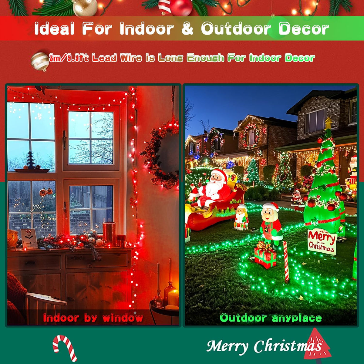 JMEXSUSS Red and Green Solar Christmas Lights Outdoor Waterproof, 2 Pack 100 Led 33ft Color Changing Solar String Lights for Christmas Tree Decor