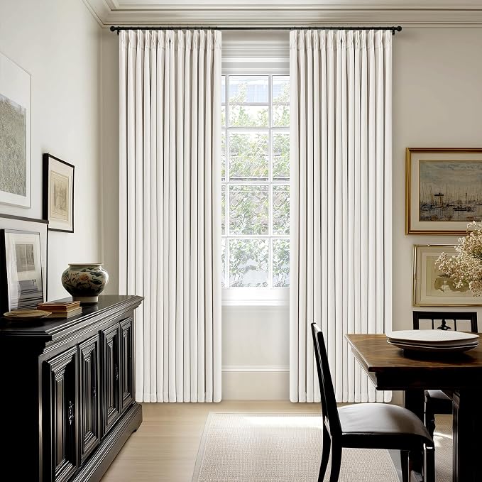 Ivory White Pleated 100% Blackout Linen Curtains 96 Inches Long 2 Panels | - Image 6