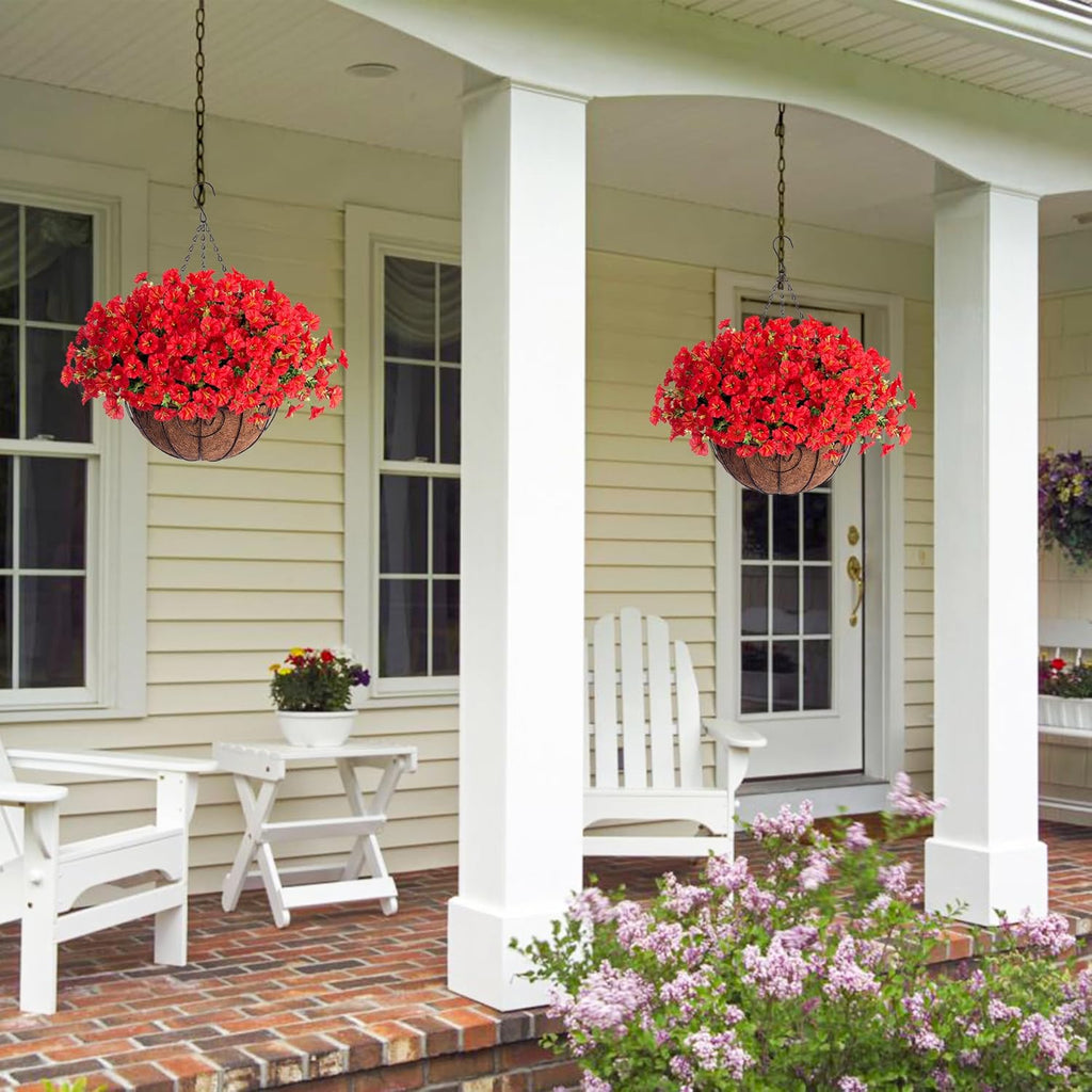 Ivydale Artificial Faux Hanging Flowers Plants Baskets for Outdoors Outside Spring Decoration, Fake Silk Red Morning Glory UV Resistant Look Real for Front Door Porch Patio Balcony Yard Garden Home