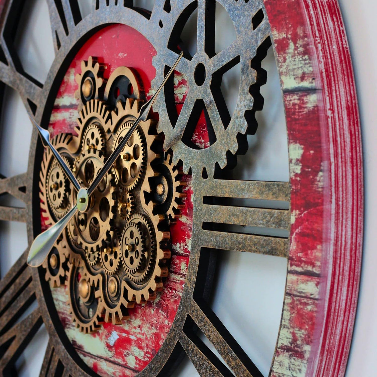 The Gears Clock 36'' Inch Real Moving Gear Wall Clock Vintage Industrial Oversized Rustic Farmhouse (Red Lava)