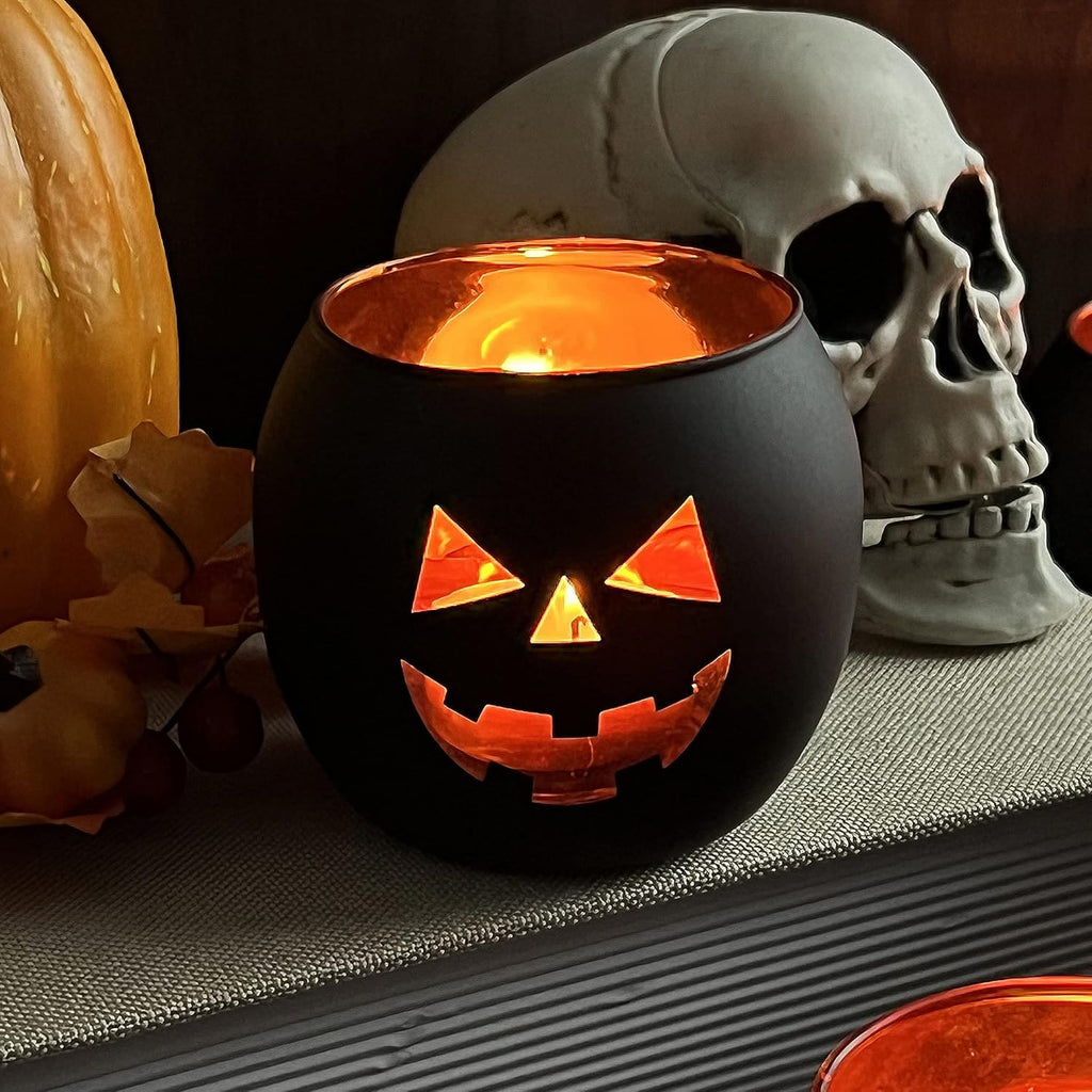 Halloween Table Decor Set of 6, Jack O Lanterns Black Glass Votive Tealight Candle Holders, Halloween Decorations Indoor Party Mantel Coffe Table Centerpiece Decor