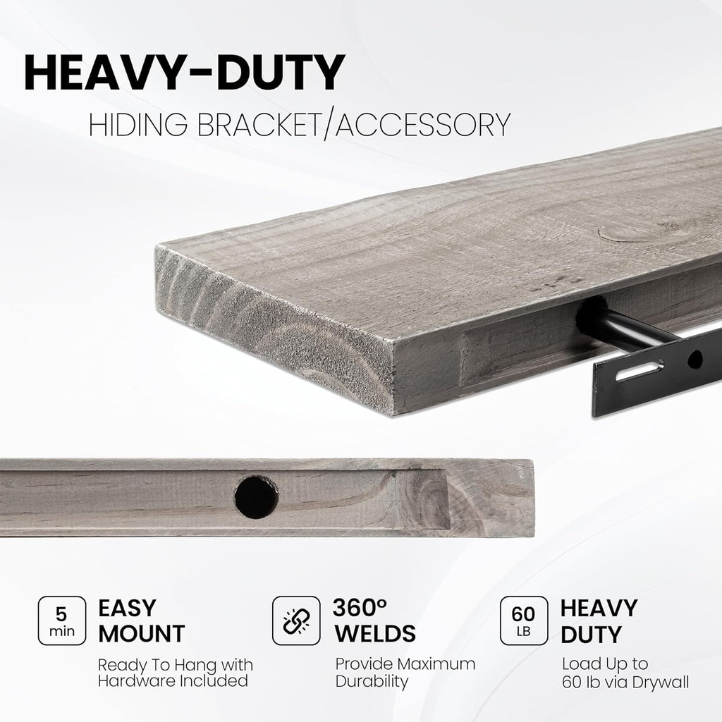 Fun Memories Floating Shelves for Wall Decor, 36"x8" Rustic Reclaimed Wood Shelves, Heavy-Duty Wall Mounted Shelves with Invisible Brackets, Set of 2for Living Room, Bedroom, Kitchen, Grey Finish