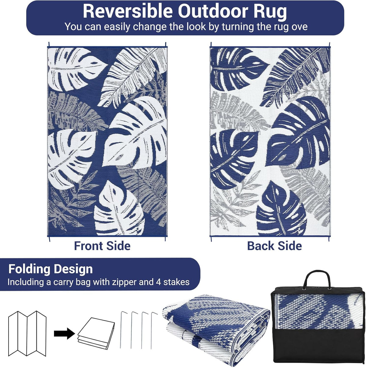 GAOMON Large Outdoor Plastic Rug 10x14 Waterproof Straw Rug Reversible Foldable Camping Mat with Stakes & Bag, Modern Tropical Leaf Farmhouse Outside Carpet for Patio RV Garden Deck, Blue