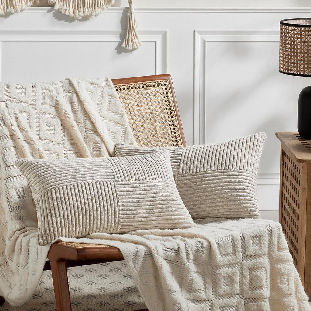 Fancy Homi 2 Packs Neutral Taupe Lumbar Decorative Throw Pillow Covers 12x24 Inch for Living Room Couch Bed Sofa, Farmhouse Home Decor, Soft Striped Corduroy Rectangle Accent Cushion Case 30x60 cm