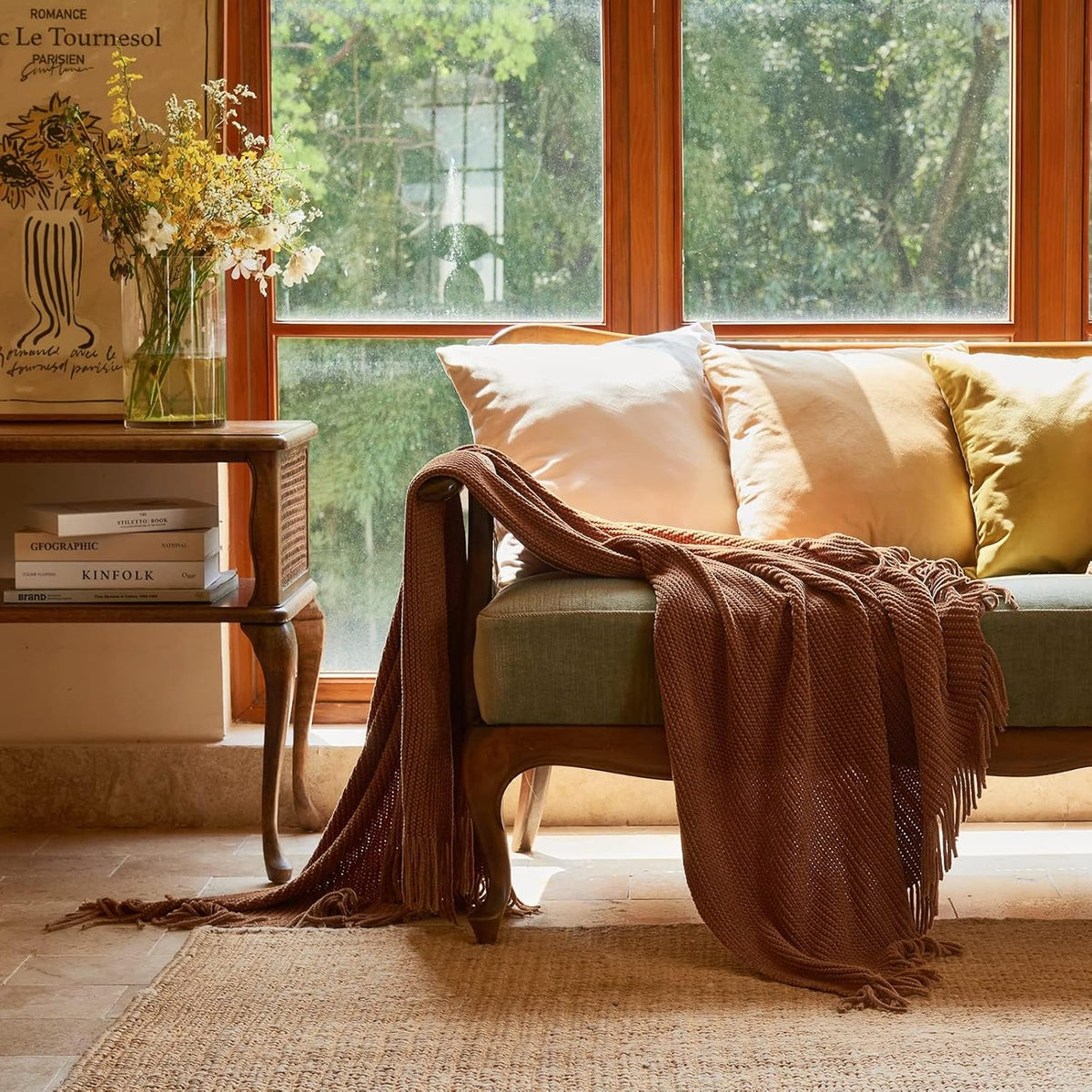 lifein Throw Blanket for Couch, Soft Boho Decor Bed Throw,Cozy Brown Knitted Chenille Small Farmhouse Lightweight Throw for Spring(Golden Brown,60 * 80")