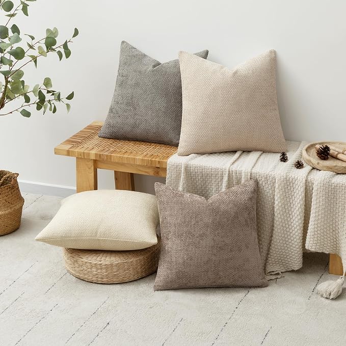 MIULEE Decorative Chenille Pillow Covers Neutral Beige 20x20 Pack of 4 | Modern - Image 4