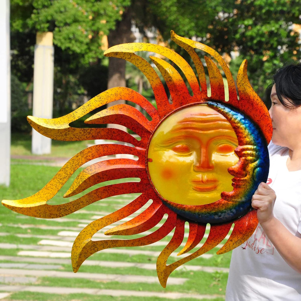 Tuokiuhn Large Sun Metal Outdoor Wall Art Decor Metal Sun Moon Wall Decor Outdoor Art Hanging Living Room Garden 28 Inch