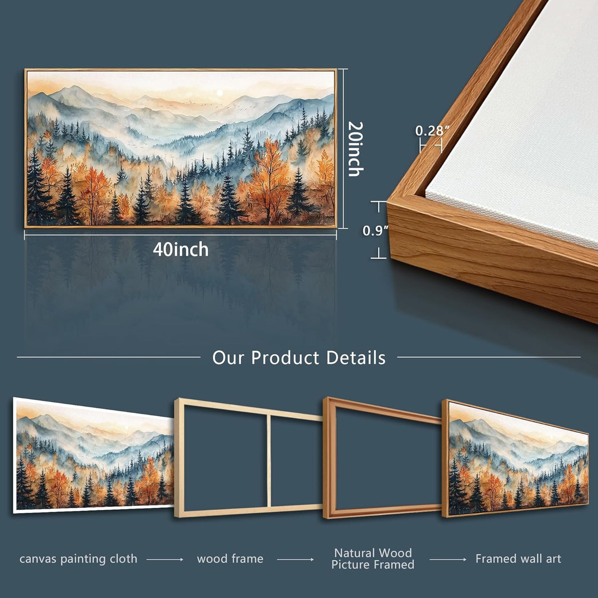 KELIYUAN Panoramic Wall Painting Canvas Wall Art For Living Room Large Wall Decor For Bedroom Abstract Mountain Forest Painting Pictures Office Decor Modern Room Home Decor Wood Framed 20"X40"