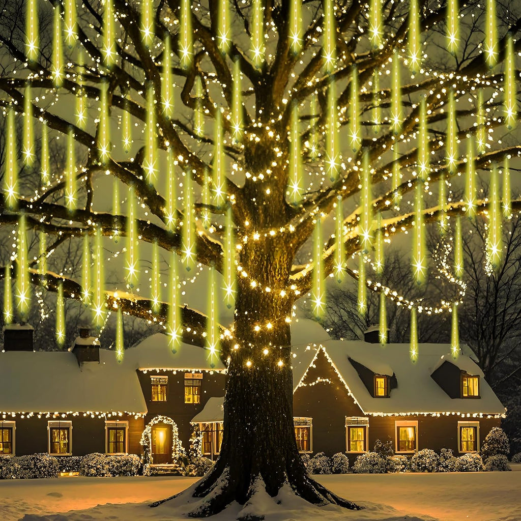 Christmas Lights Outdoor, UL Certified Falling Rain Drop Light 8 Tubes 192 LED Meteor Shower Lights Snow Dripping Icicle Light for Xmas Tree Christmas Decorations Holiday Party, Warm White
