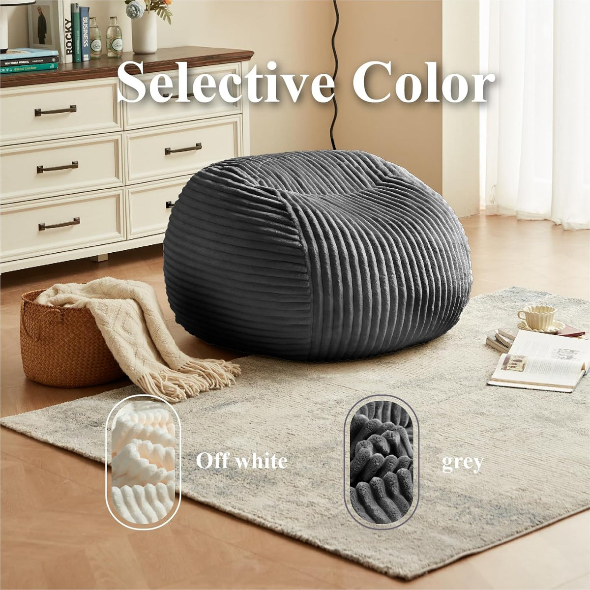 Premium Beige Bean Bag Chair for Adults with Armrest- Ultra Plush Memory Foam Lounge Sofa & Comfy Reading Nook Chair for Bedroom, Living Room & Dorm (Gray, 4FT)