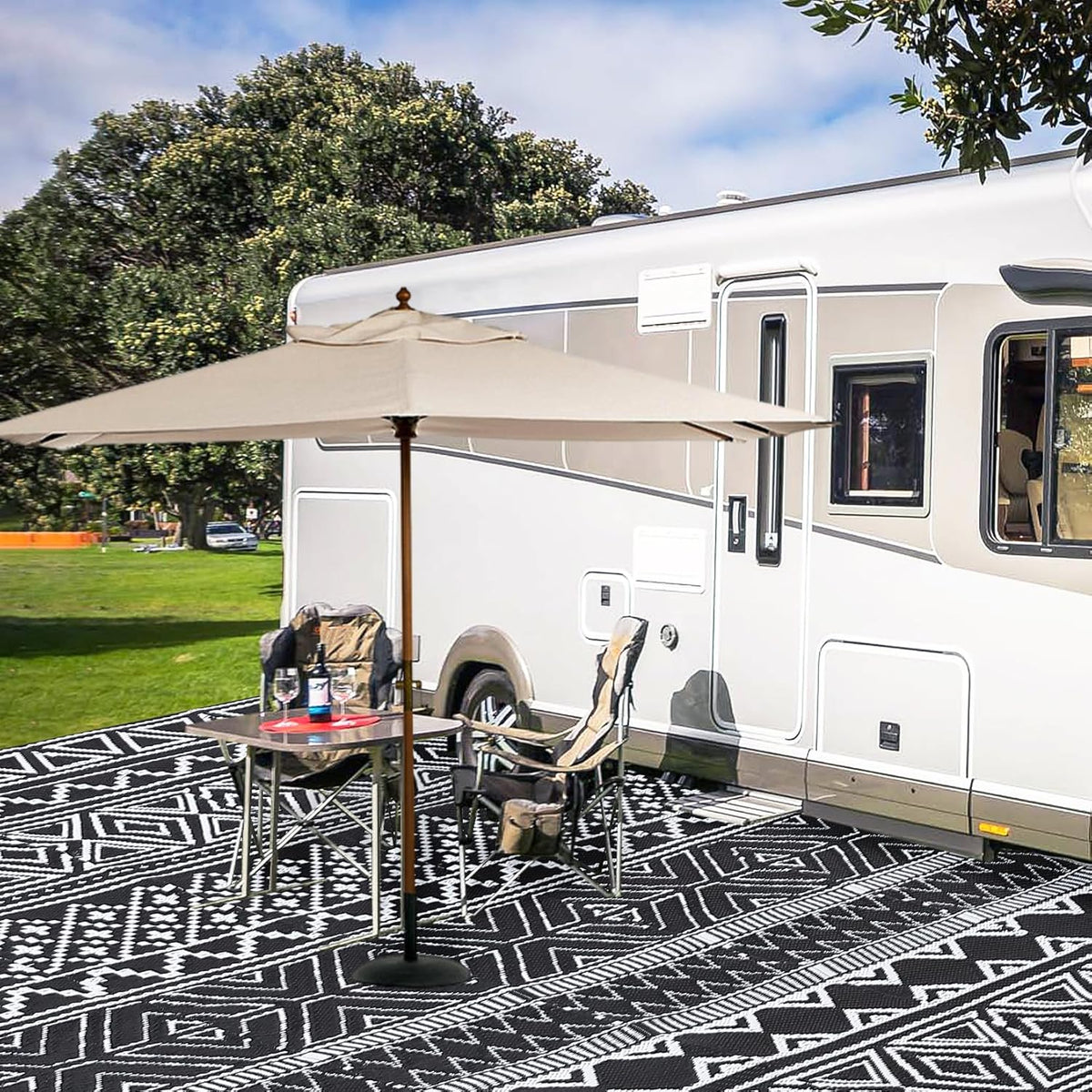 GAOMON Outdoor Rugs Patio Camping Waterproof Rug 6'x9' Plastic Straw Patio Rug Portable for Campers, Outside RVs Mat for Patios Clearance, Backyard Porch, Balcony, Black/White(Bohemia)