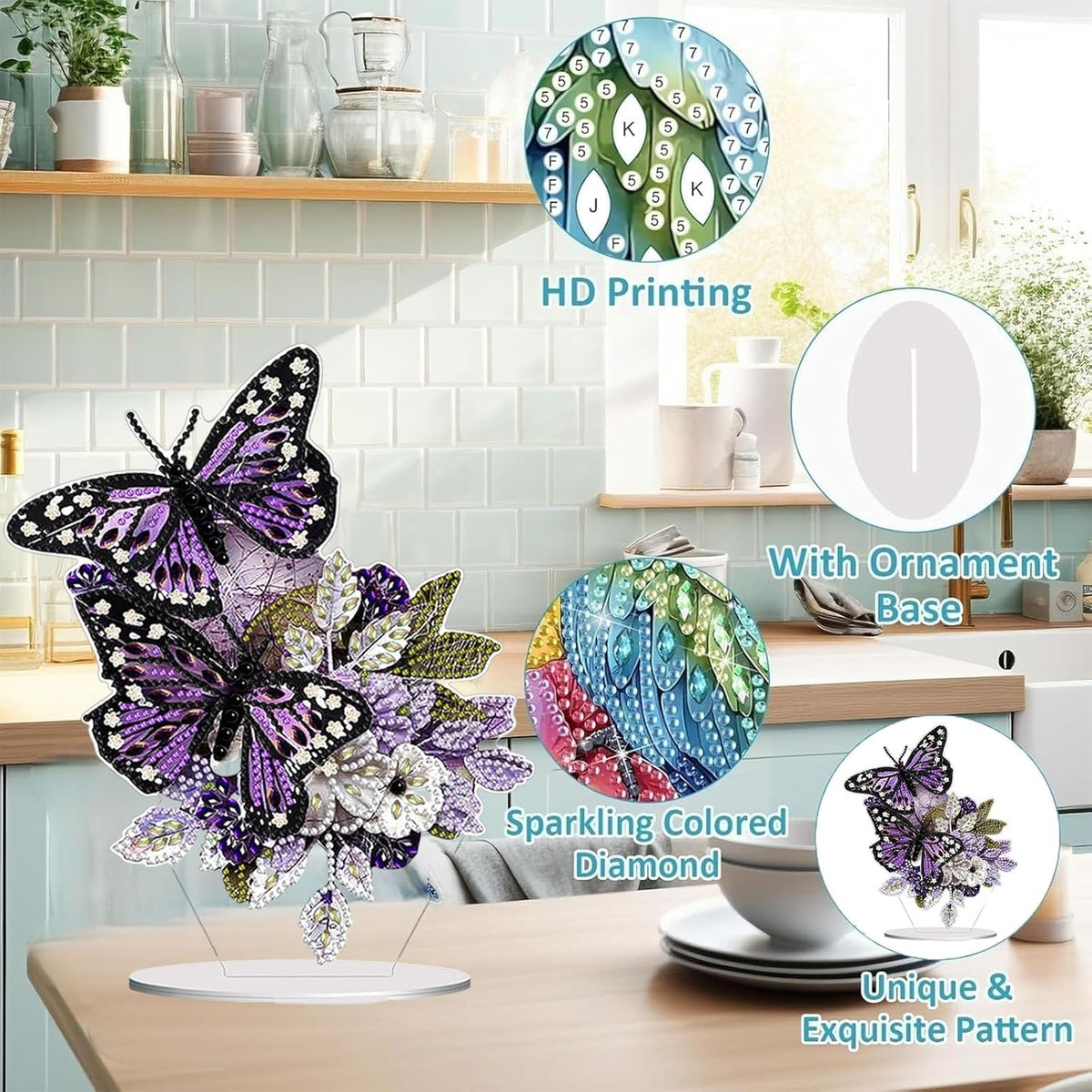 Diamond Painting Kits for Adults Beginners, 5D Full Drill Flowers and Butterfly Crystal Art Desktop Ornament, DIY Single Sided Home Office Desk Decor, Creative Craft Gift Set with Tools