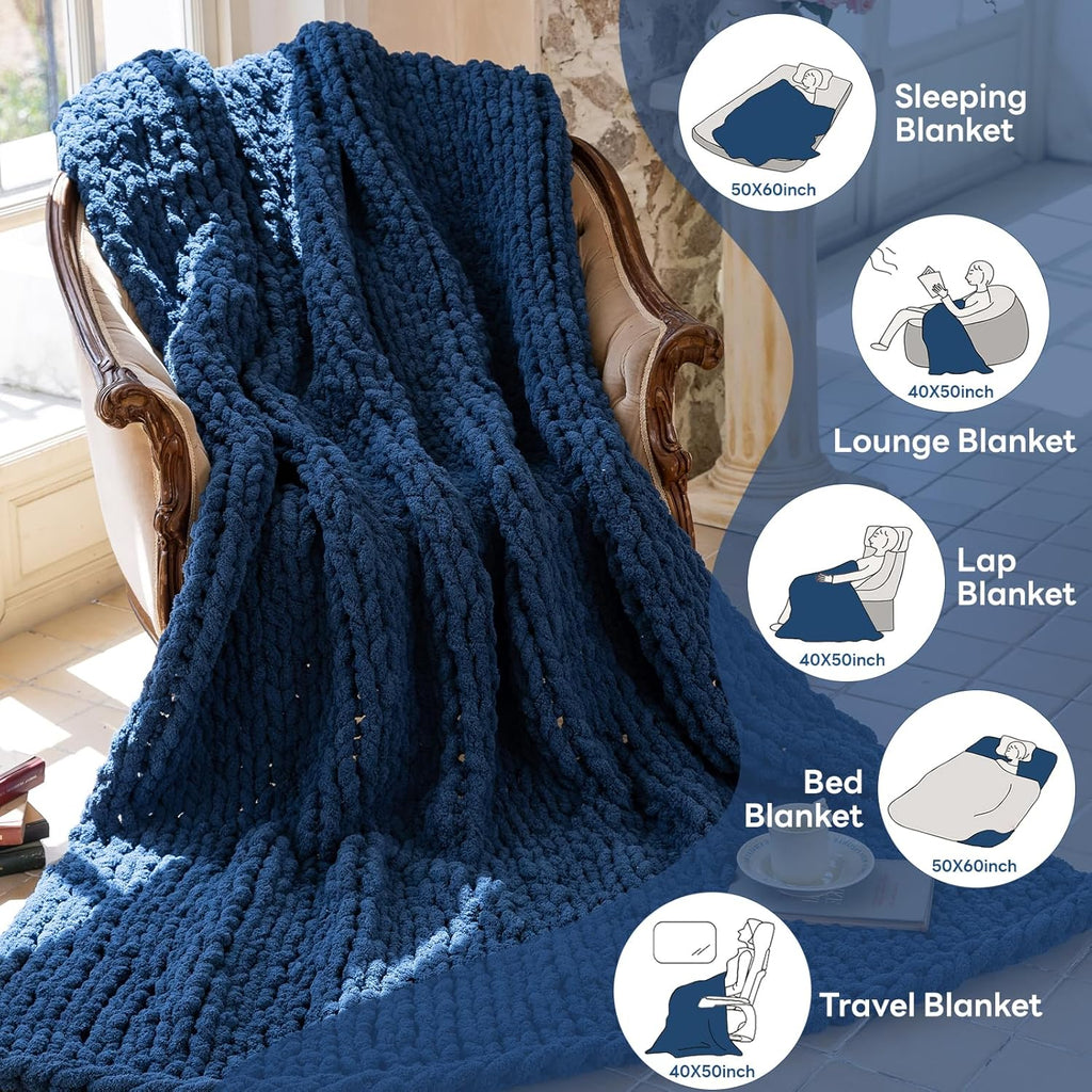 Chunky Knit Blanket - Luxury Soft Cozy 50 * 60 Throw Blanket,100% Woven Blanket Rope Knot Throw Blanket for Couch, Sofa, Home Decor, Gift - Machine Washable（Deep Blue）
