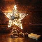 CVHOMEDECO. Silver Glittered 3D Tree Top Star with Warm White LED Lights and Timer for Christmas Tree Decoration and Holiday Seasonal Décor, 8 x 10 Inch