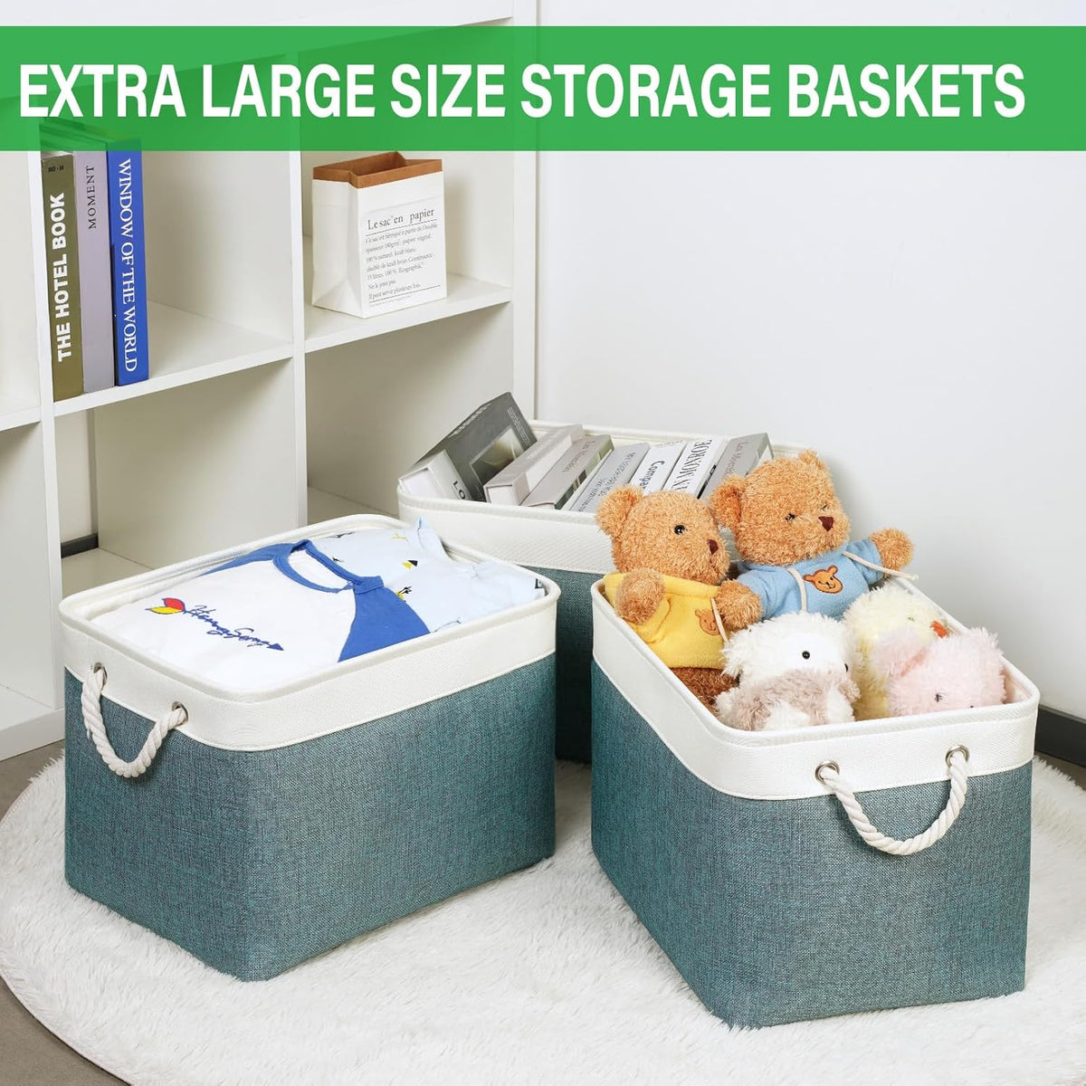 Bidtakay Large Storage Baskets for Shelves 3 Pack Fabric Storage Bins for Organizing Linen Collapsible Organizer for Closet-Deep Green