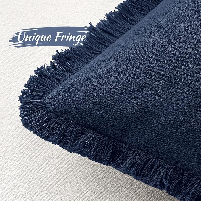 MIULEE Linen Fringe Decorative Euro Throw Pillow Covers Dark Navy 22x22 | Set - Image 3