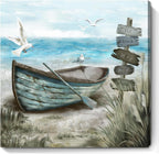Bathroom Wall Art Coastal Décor Nautical Boat on Beach Canvas Picture Ocean Seagull Seascape Canvas Print Sea Bird Farmhouse Artwork for Seashore Bedroom Living Room Small Square Blue Teal 14x14"