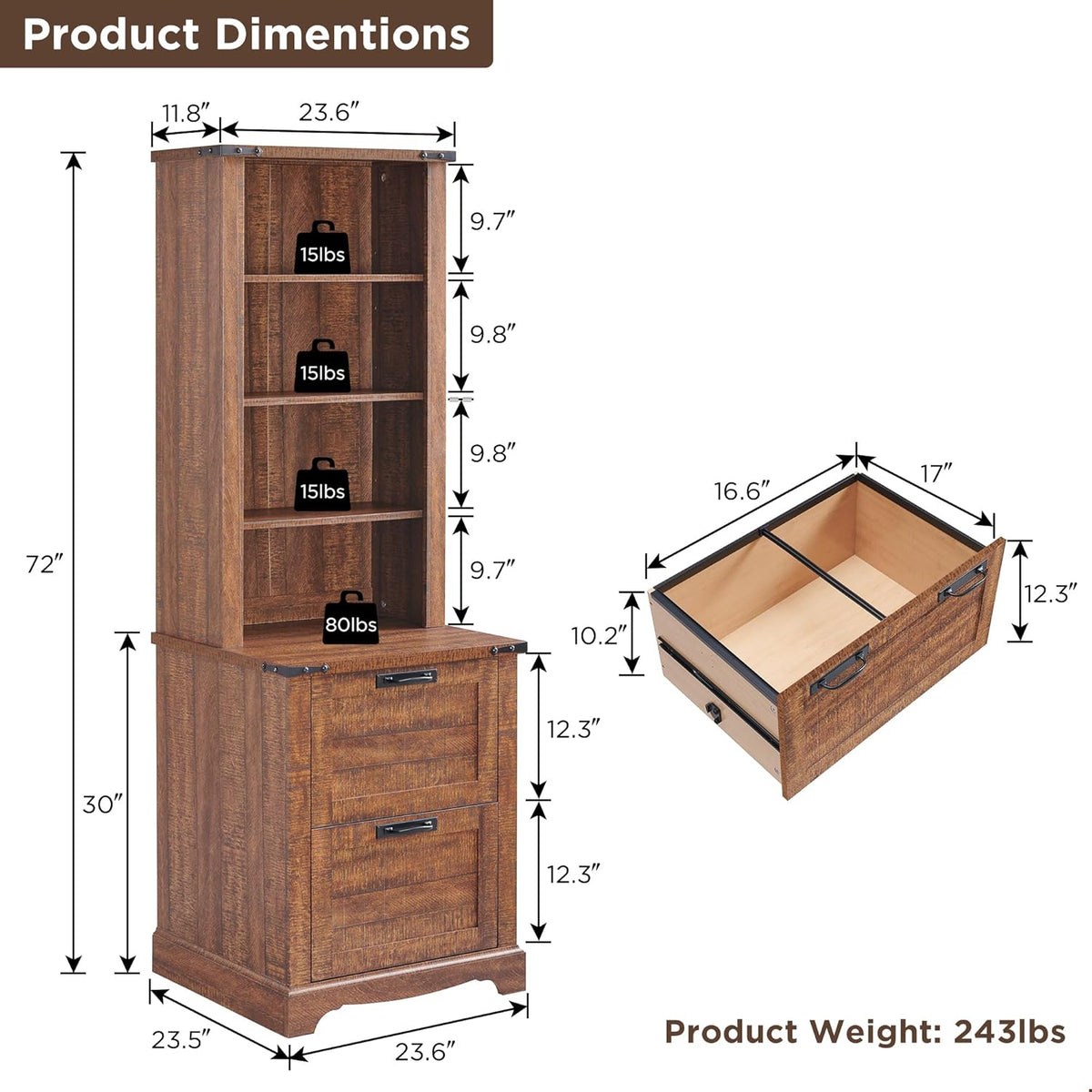 RedLemon Bookcase with 2 File Drawers, 72" Tall Farmhouse Bookshlef with Storage and Adjustable Shelves, 4 Tier Rustic Wood Bookshelf with Cabinet for Office, Living Room (Reclaimed Barnwood Color)