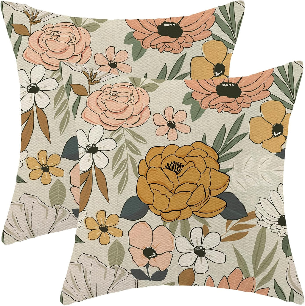 CXMEIFLY Spring Floral Pillow Covers 20 x 20 Inch Set of 2 for Vintage Mustard Yellow Pink Flowers Decor Throw Pillows Plant Cream Outdoor Decorative Cushion Cases for Couch Bed Decorations