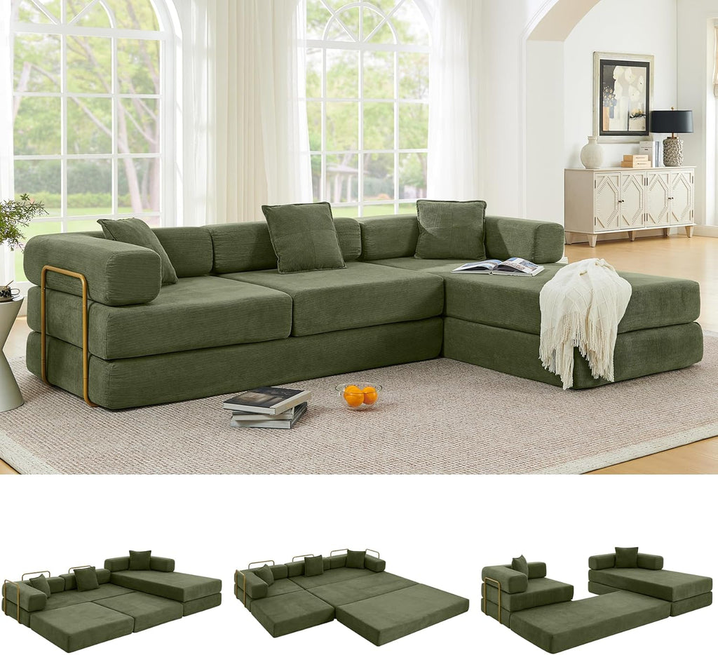 108" Oversized Convertible Sleeper Sofa Bed, Corduroy L Shape Sectional Couch, Folding Sofa Bed with Side Pocket, Modern Cloud Floor Mattress Couch, Modular Sofa for Living Room, Green