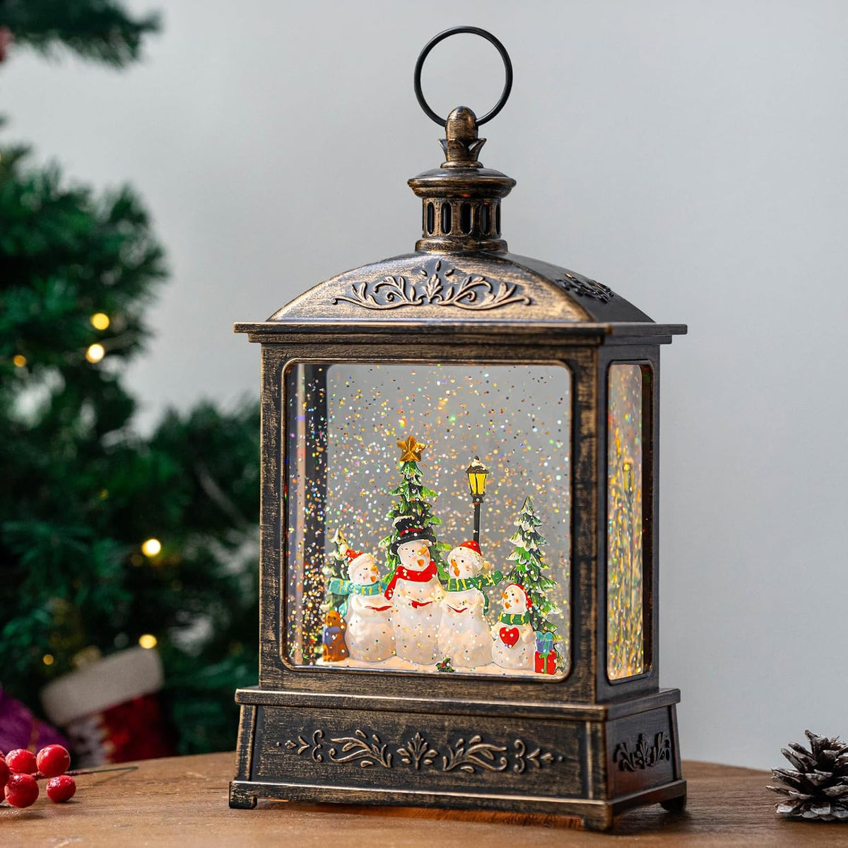 Christmas Snow Globe Swirling Glittering Snowman Choir with Music & Timer, USB Lined/Battery Operated Lighted Water Lantern for Christmas Festival Decoration Gifts