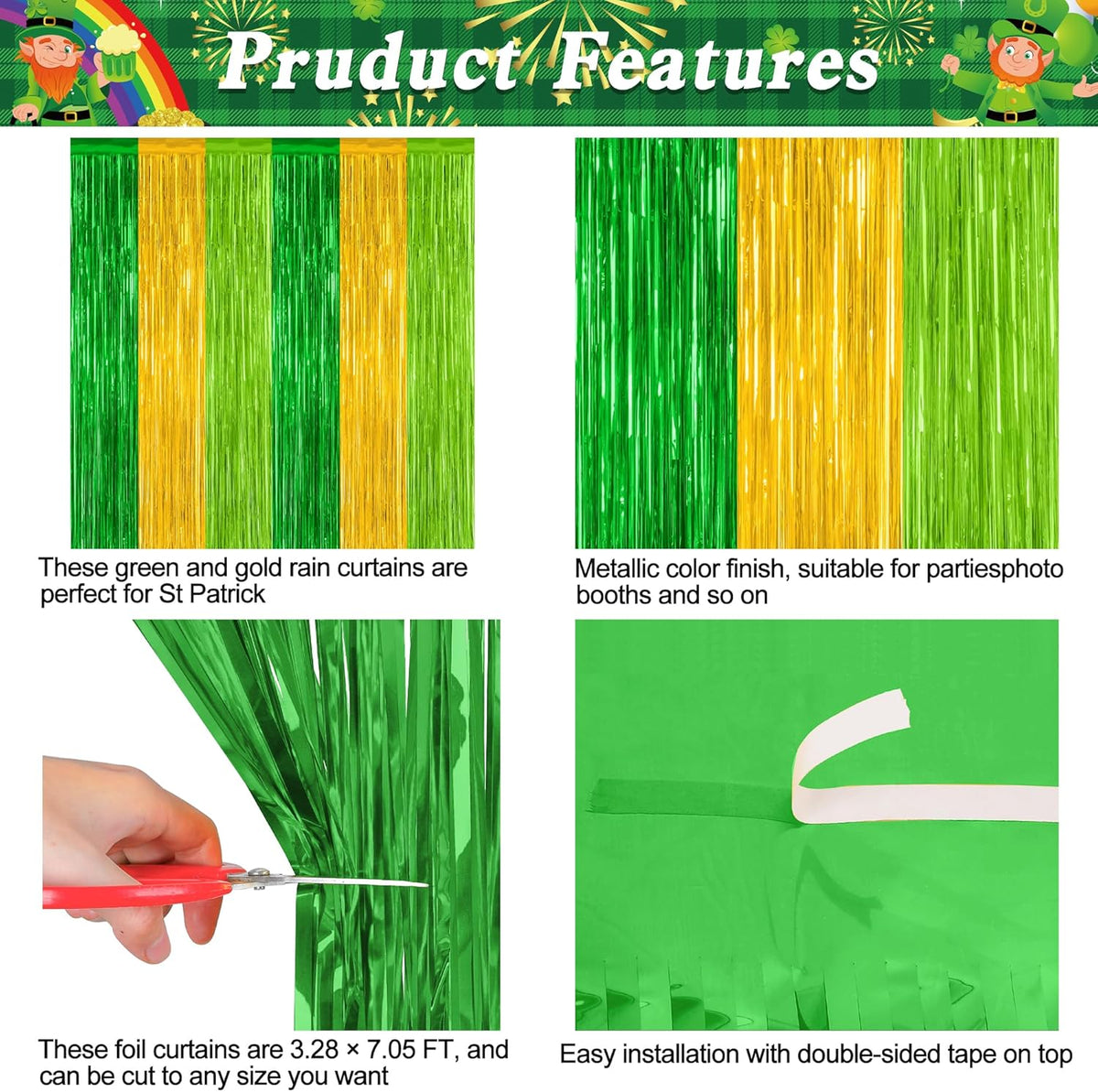 2 Pack St Patrick Party Decorations, 3.28 FT x 7.05 FT Green Gold Light Green Backdrop Curtains, Metallic St.Patrick Fringe Curtains Party Streamer Tinsel Backdrop, St Patrick Party Supplies