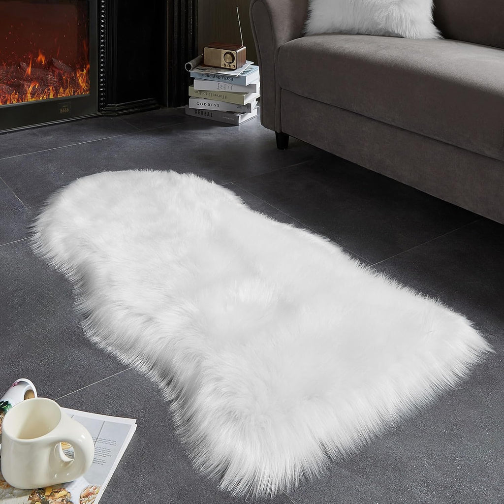 AMTOVO Faux Fur Rug, White Area Rug, Fluffy Sheepskin Rug, Fuzzy Ultra Soft 2 x 4 ft Shag Rugs for Bedroom Sofa Throw Cushion Room Decor, Sheepskin