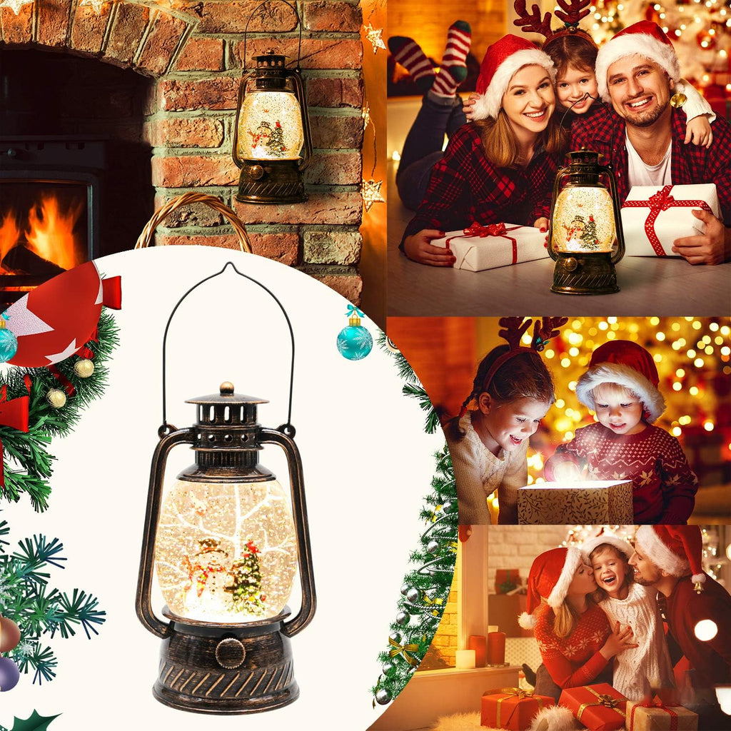 Christmas Snow Globe Lantern with Swirling Glitter and Battery & USB Powered Light 6H Timer for Christmas Home Decoration and Gift (Christmas Tree and Snowman)