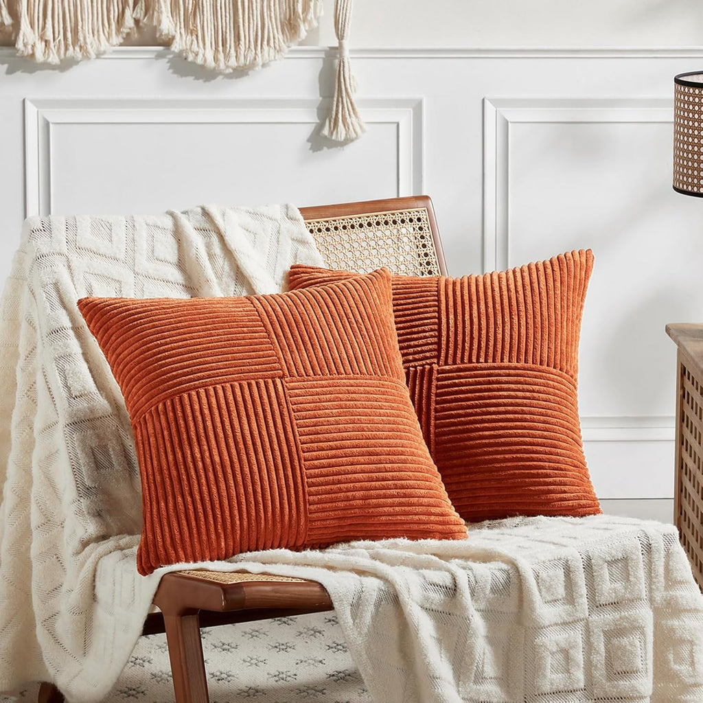 Fancy Homi 2 Packs Burnt Orange Samll Fall Decorative Throw Pillow Covers 14x14 Inch with for Couch Bed Sofa, Farmhouse Boho Home Decor, Soft Corss Patchwork Corduroy Square Cushion Case 35x35 cm
