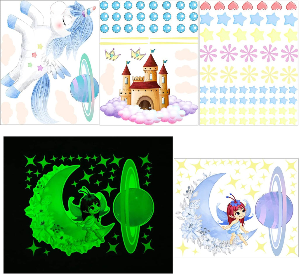 Glow in The Dark Fairy Unicorn Wall Decal Sticker, Girl Bedroom Star Rainbow Castle Princess Wallpaper Decoration, Glowing Moon Ceiling Decor