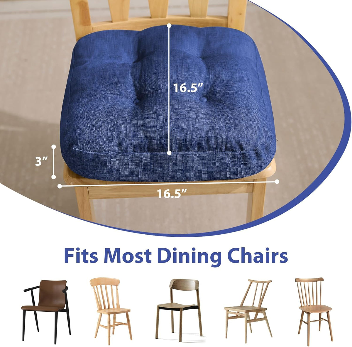 Chair Cushions, Dining Chair Cushions, Tufted Indoor Chair Pads, Set of 4, Navy Blue, 16.5'' x 16.5'' x 3.5''