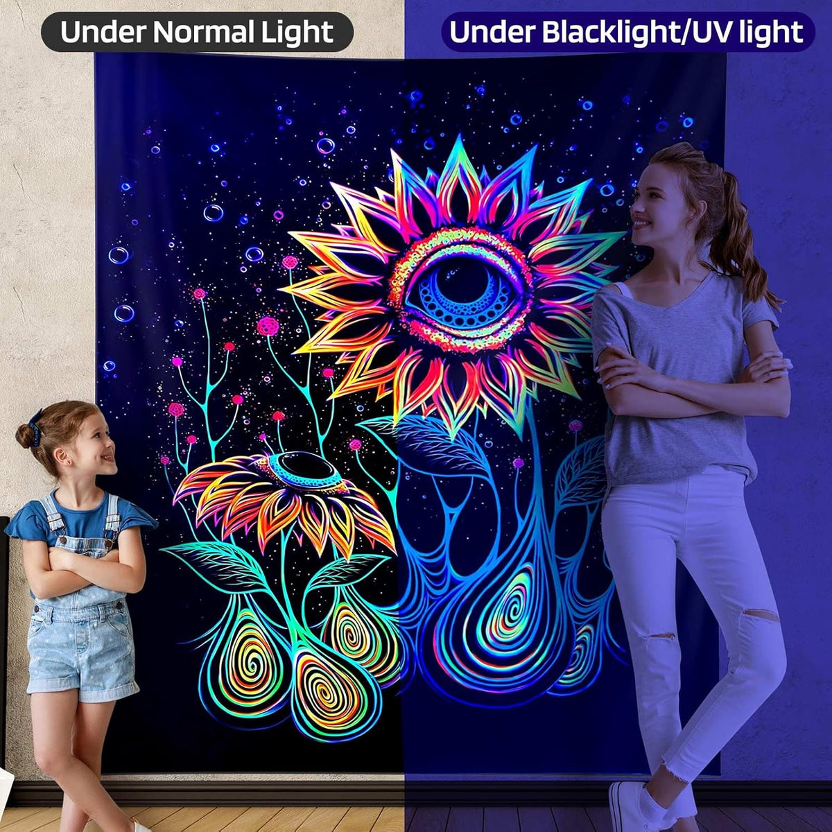 ADDWel Blacklight Sunflower Tapestry, Hippie Eye Tapestry Glow In The Dark, UV Reactive Black Light Upright Posters Wall Hanging for Bedroom Dorm Living Room Backdrop Decor