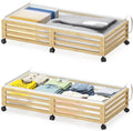 Under Bed Storage Containers With Wheels - 2 Pcs Large Bamboo Wood Rolling Underbed Shoe Storage Bins With Dust Bags for Clothes Blankets, Duvet Covers Snacks Toys (Natural)