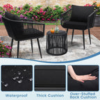 Kromax 3 Pieces Patio Rattan Bistro Conversation Set, Outdoor All-Weather Wicker Furniture Chairs and Side Table Set Ideal for Balcony, Porch and Backyard, Black
