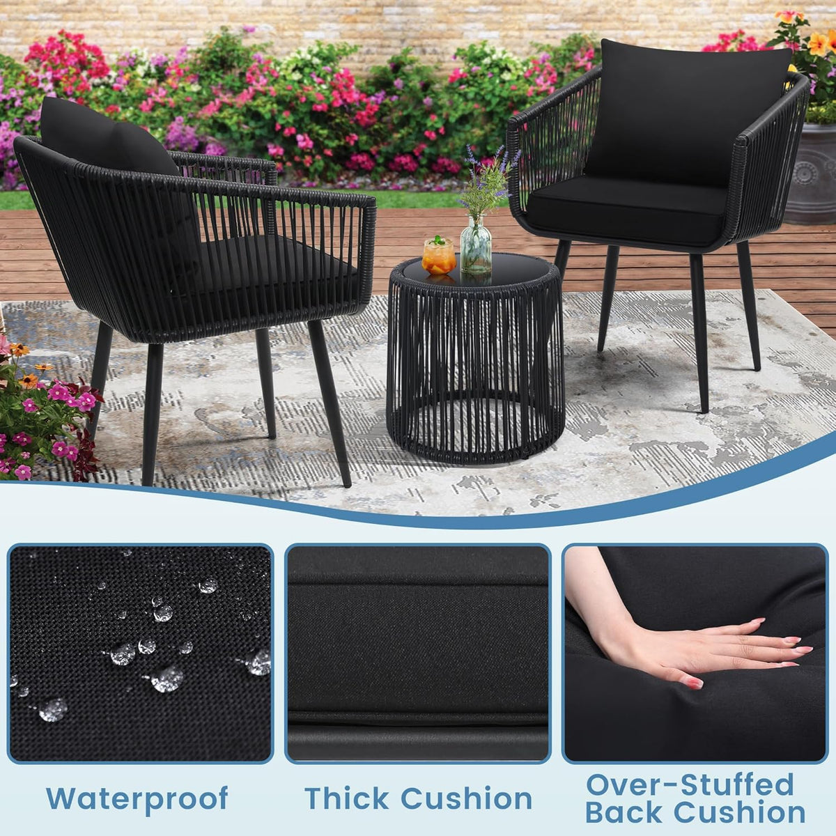 Kromax 3 Pieces Patio Rattan Bistro Conversation Set, Outdoor All-Weather Wicker Furniture Chairs and Side Table Set Ideal for Balcony, Porch and Backyard, Black