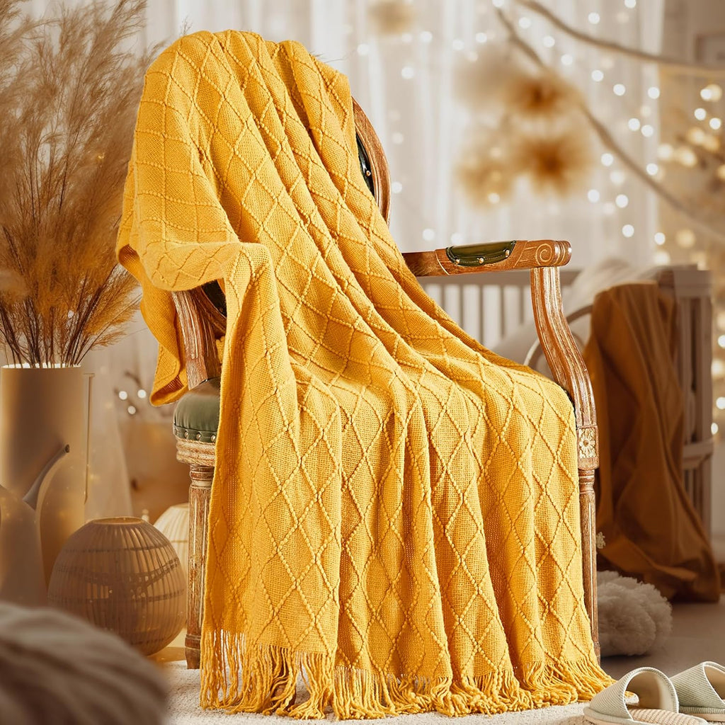 inhand Knitted Fall Throw Blanket for Couch and Bed, Knit Fall Decor Halloween Blanket with Tassel, Mustard Yellow Lightweight Decorative Farmhouse Warm Woven Blankets and Throws for Women, 50"x60"