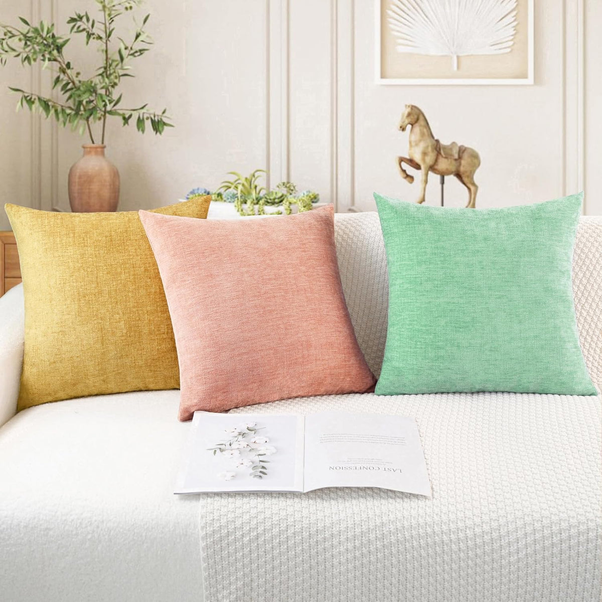 CaliTime Throw Pillow Covers Decorative 18 X 18 Inches Pack of 4 Cozy Chenille Cushion Cases for Couch Sofa Bed Living Room Home Grey Green