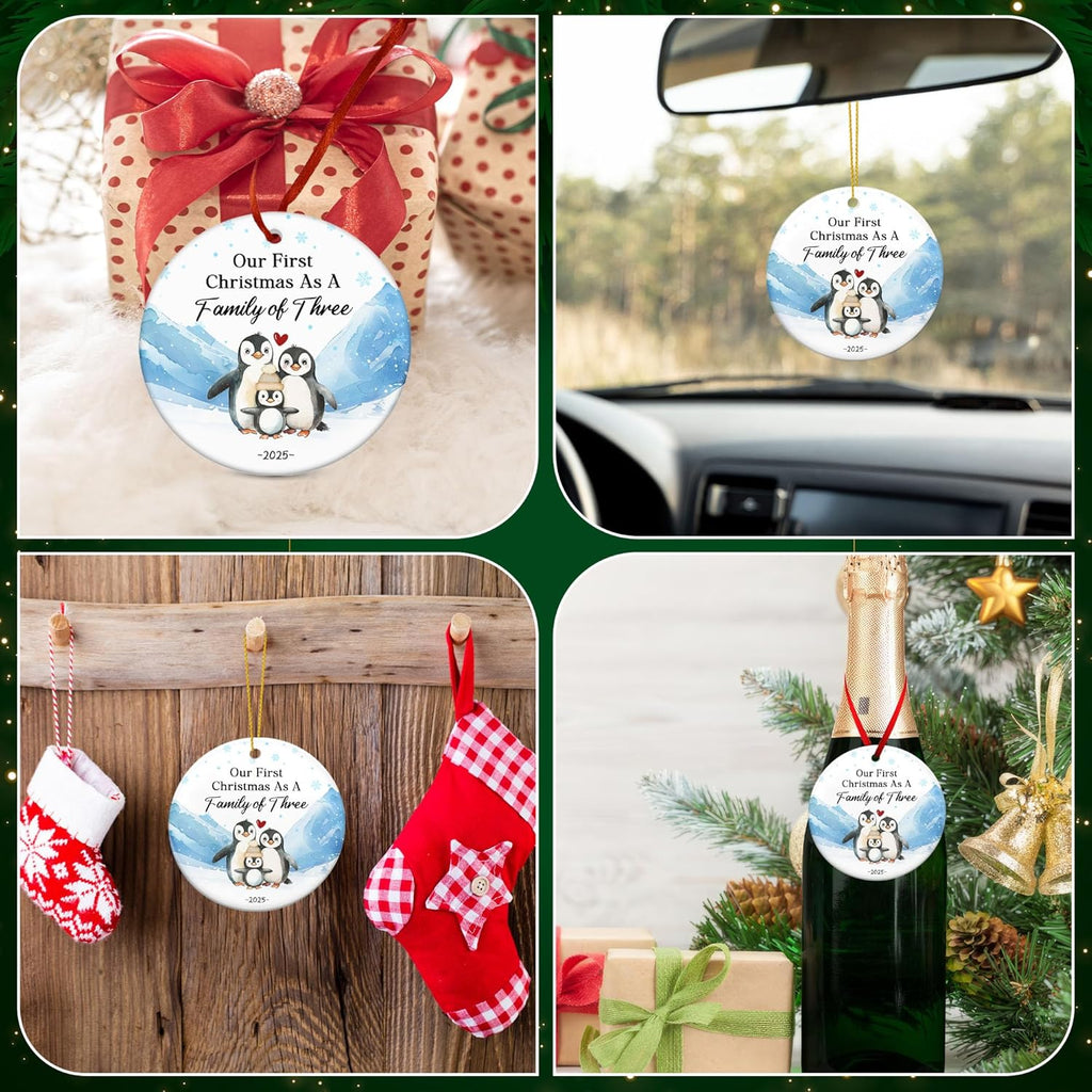 OASSIE Pregnancy Announcement Christmas Decorations - Penguin Ceramic Christmas Ornaments 2025 for Tree Decorations - New Mom Gifts for Women, New Dad Gifts for New Parents, Baby Announcement Ornament