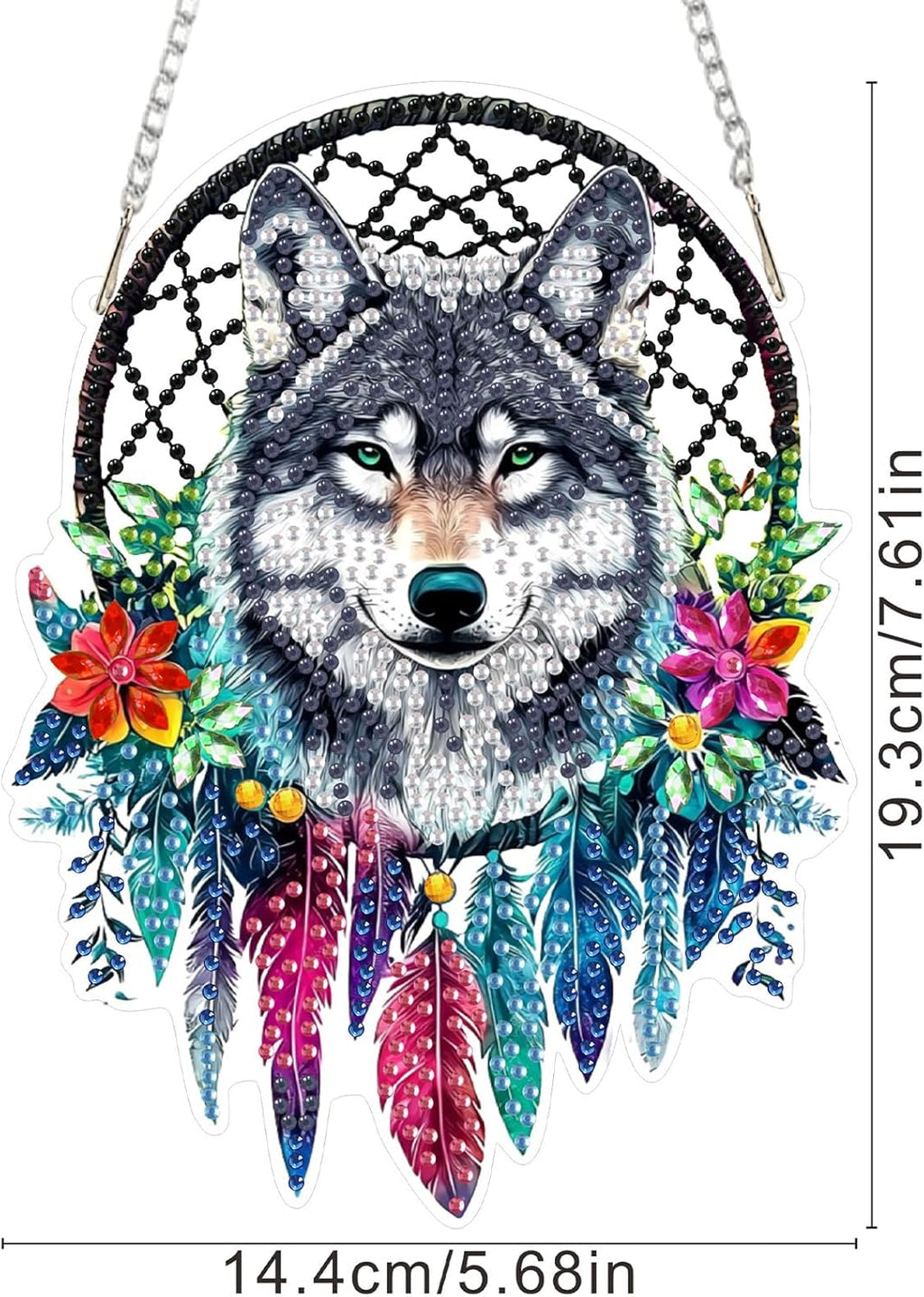 SENQAO Wolf Diamond Art Hanging Kit for Adult, Special Shaped Rhinestone, Double Sided DIY Acrylic Diamond Art Painting Window Pendants Home Garden Wall Hanging Kits Hanging Ornament (Dream Catcher)