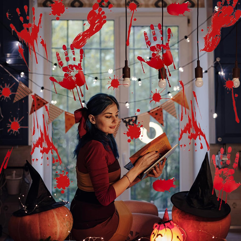 6 Pieces Bloody Handprint Window Clings – Horror PVC Stickers with Blood Splatter, Handprints, and Footprints for Scary Halloween Party Decorations, Haunted House, and Spooky Indoor Outdoor Décor